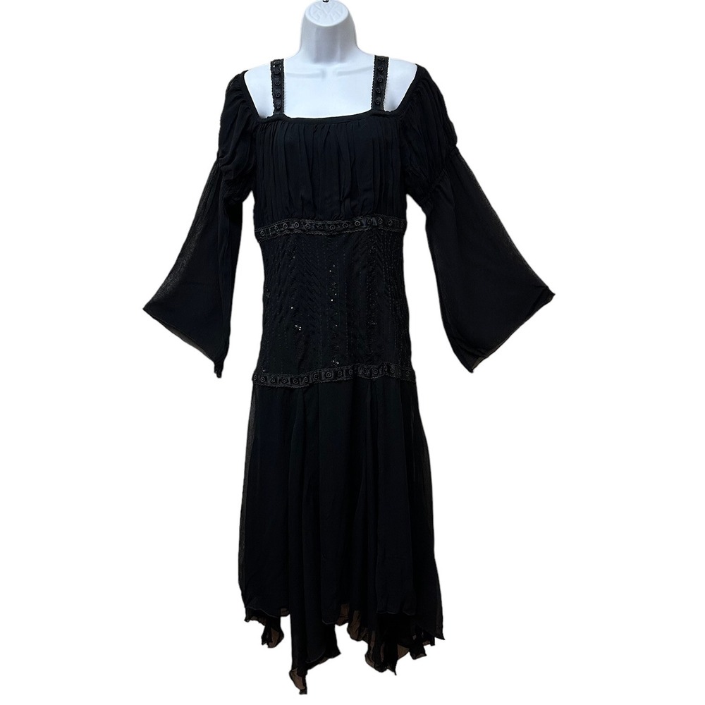Papillon Women's M Black Gypsy Boho Dress Puff Cold Shoulder Bell Sleeve NEW